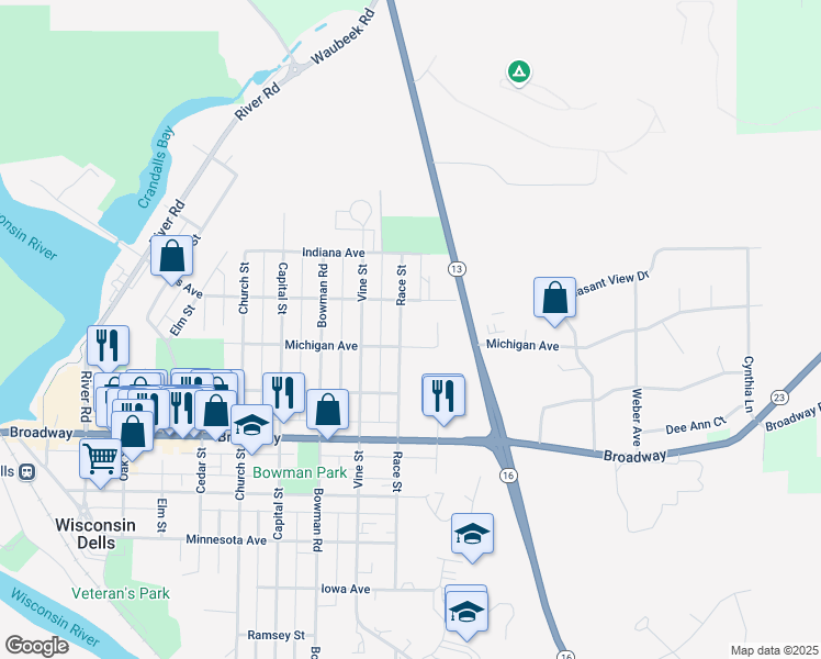 map of restaurants, bars, coffee shops, grocery stores, and more near 1012 Race Street in Wisconsin Dells