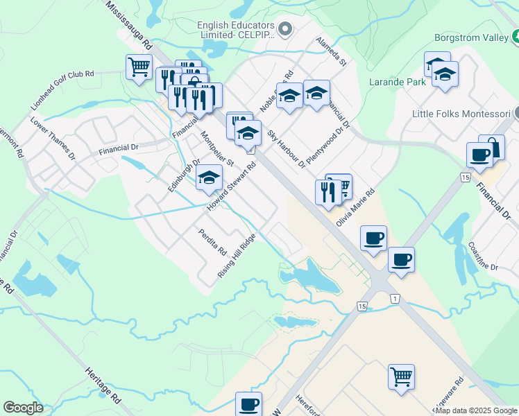 map of restaurants, bars, coffee shops, grocery stores, and more near 9 Dancing Waters Road in Brampton