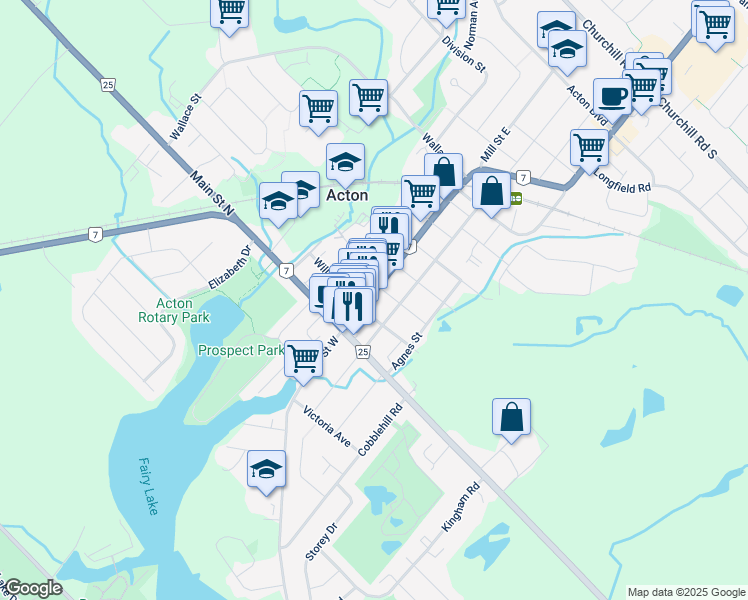map of restaurants, bars, coffee shops, grocery stores, and more near 38 Mill Street East in Acton