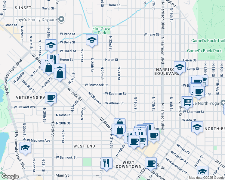 map of restaurants, bars, coffee shops, grocery stores, and more near 1106 North 22nd Street in Boise