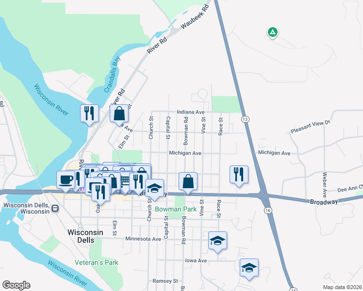 map of restaurants, bars, coffee shops, grocery stores, and more near 1011 Bowman Road in Wisconsin Dells