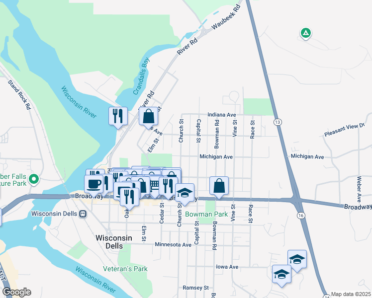 map of restaurants, bars, coffee shops, grocery stores, and more near 1010 Church St in Wisconsin Dells