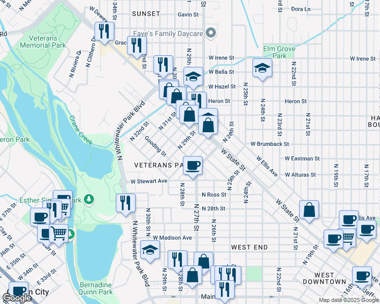 map of restaurants, bars, coffee shops, grocery stores, and more near 1007 North 28th Street in Boise
