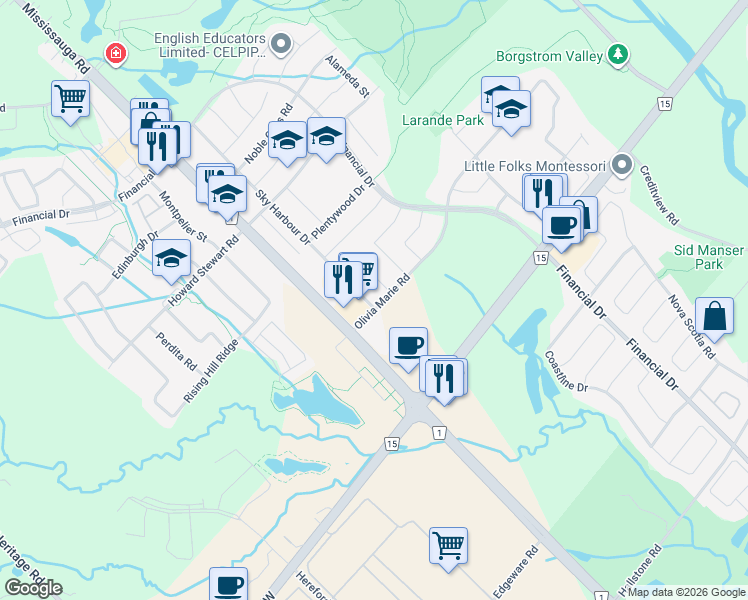 map of restaurants, bars, coffee shops, grocery stores, and more near 1 Sky Harbour Drive in Brampton