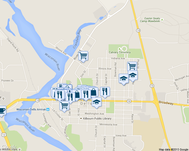 map of restaurants, bars, coffee shops, grocery stores, and more near 1010 Church Street in Wisconsin Dells