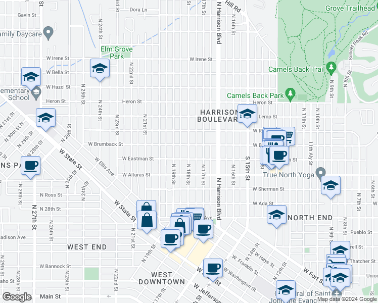 map of restaurants, bars, coffee shops, grocery stores, and more near 1203 North 18th Street in Boise