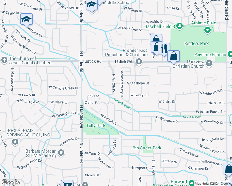map of restaurants, bars, coffee shops, grocery stores, and more near 1213 West Lowry Street in Meridian