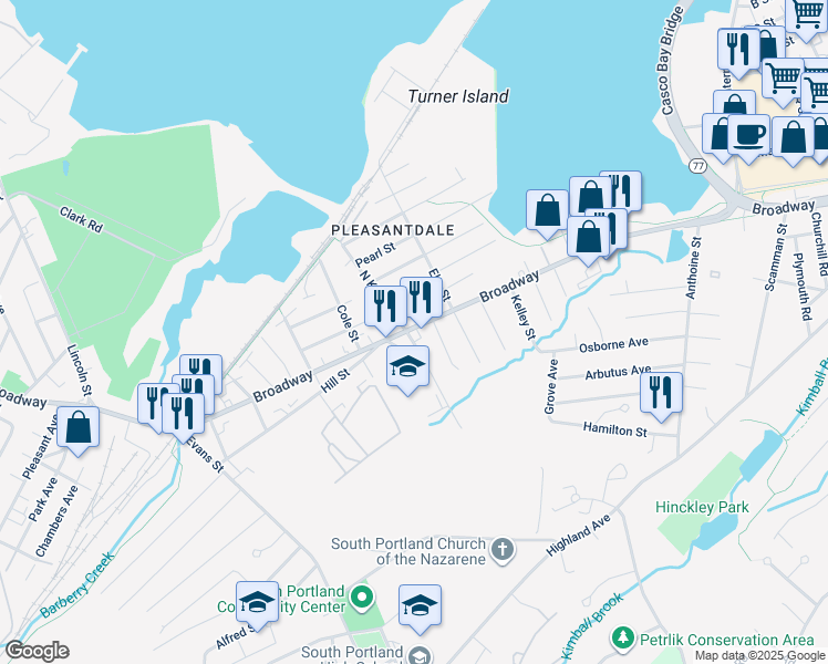 map of restaurants, bars, coffee shops, grocery stores, and more near 918 Broadway in South Portland
