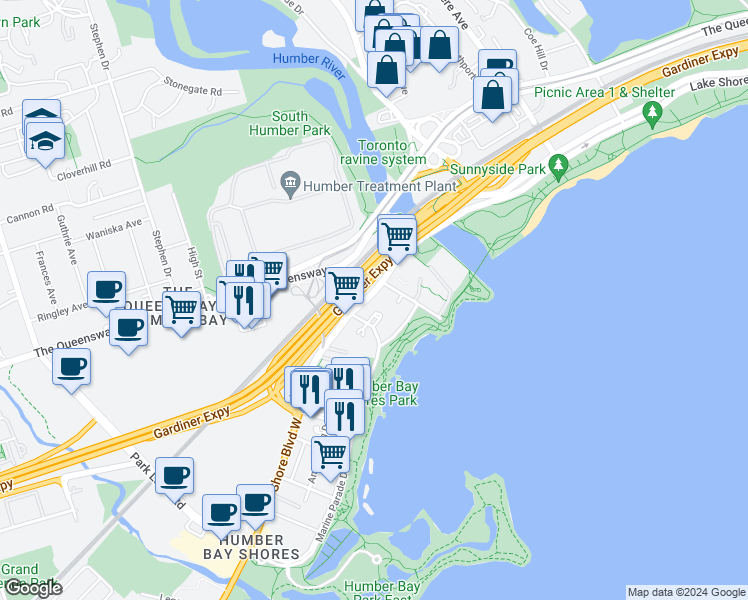 map of restaurants, bars, coffee shops, grocery stores, and more near in Toronto