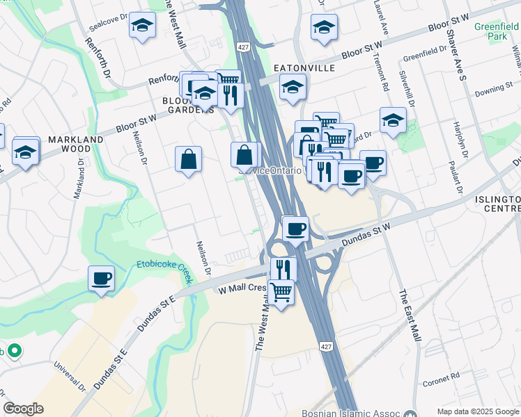 map of restaurants, bars, coffee shops, grocery stores, and more near in Toronto