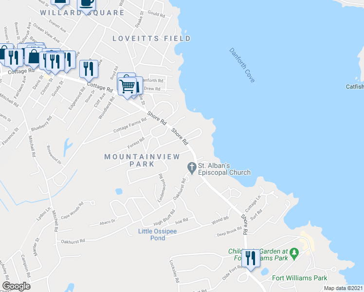 map of restaurants, bars, coffee shops, grocery stores, and more near 821 Shore Road in Cape Elizabeth