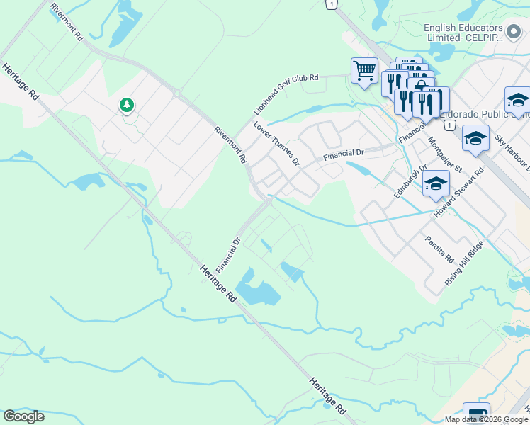 map of restaurants, bars, coffee shops, grocery stores, and more near 8644 Financial Drive in Brampton