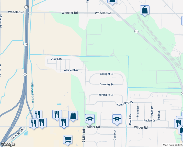 map of restaurants, bars, coffee shops, grocery stores, and more near 3074 Coventry Drive in Bay City