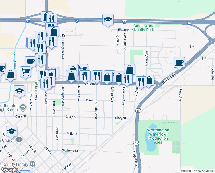 map of restaurants, bars, coffee shops, grocery stores, and more near 1730 Oxford Street in Worthington