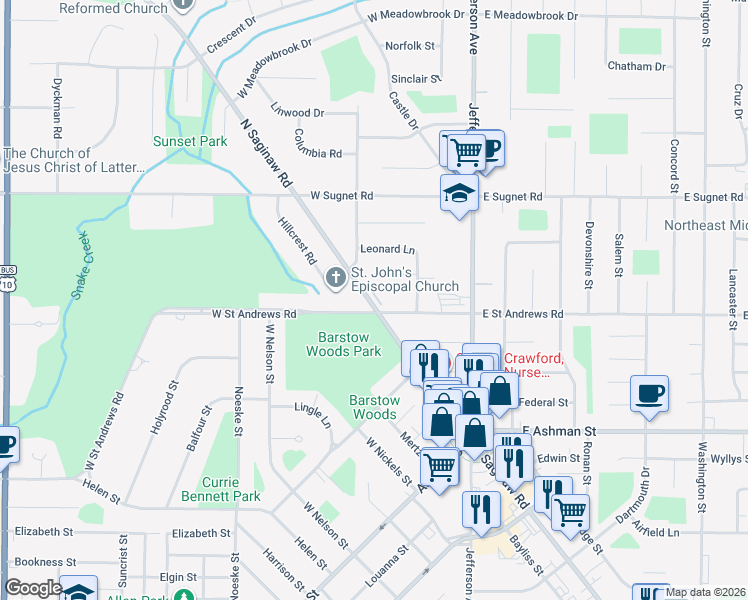 map of restaurants, bars, coffee shops, grocery stores, and more near 406 North Saginaw Road in Midland