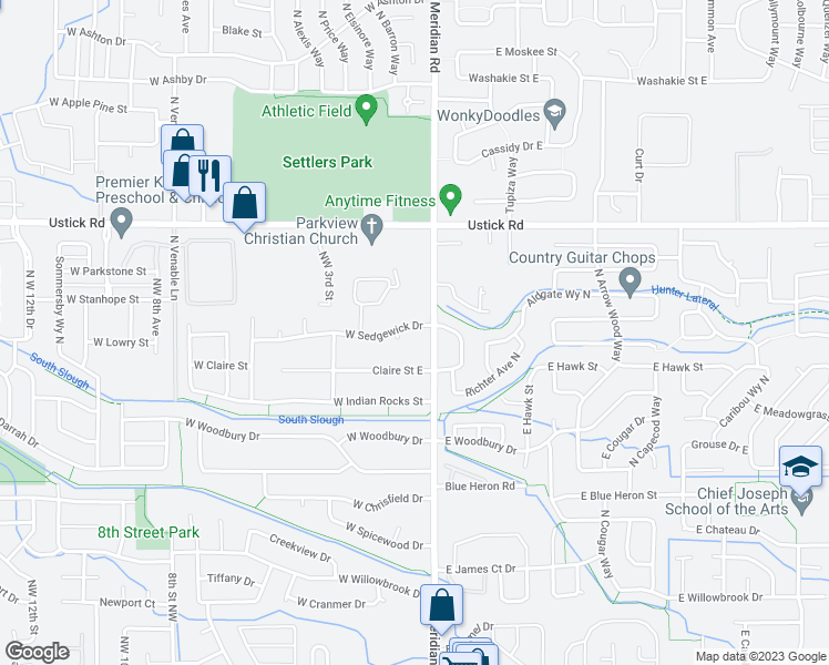 map of restaurants, bars, coffee shops, grocery stores, and more near 45 West Sedgewick Drive in Meridian