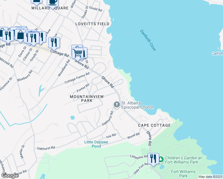 map of restaurants, bars, coffee shops, grocery stores, and more near 11 Stonybrook Road in Cape Elizabeth