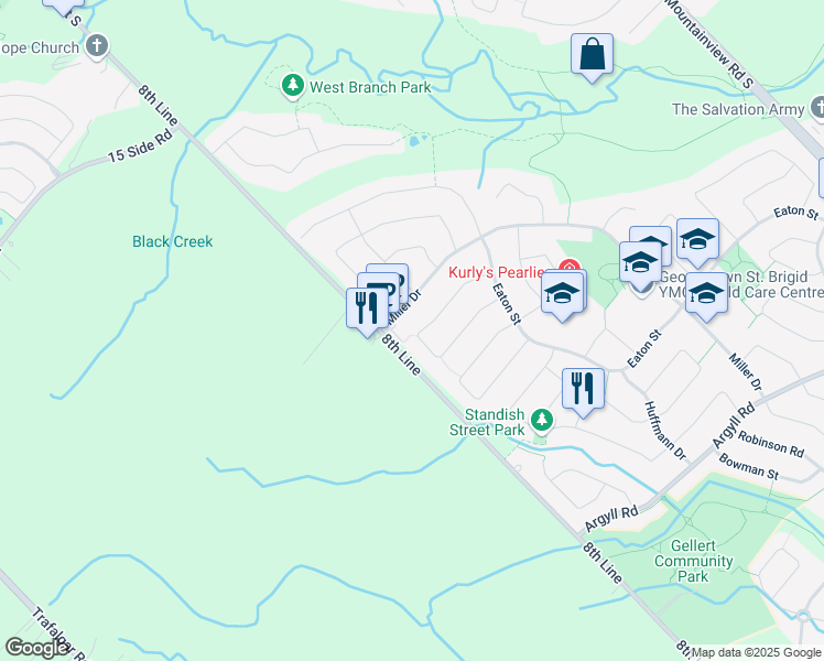 map of restaurants, bars, coffee shops, grocery stores, and more near 47 Forsyth Crescent in Halton Hills