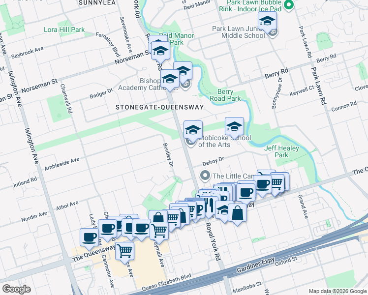map of restaurants, bars, coffee shops, grocery stores, and more near 1 Yorkview Drive in Toronto