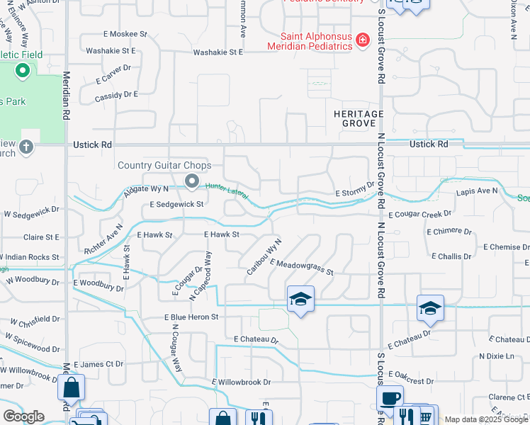 map of restaurants, bars, coffee shops, grocery stores, and more near 2818 North Mule Deer Way in Meridian