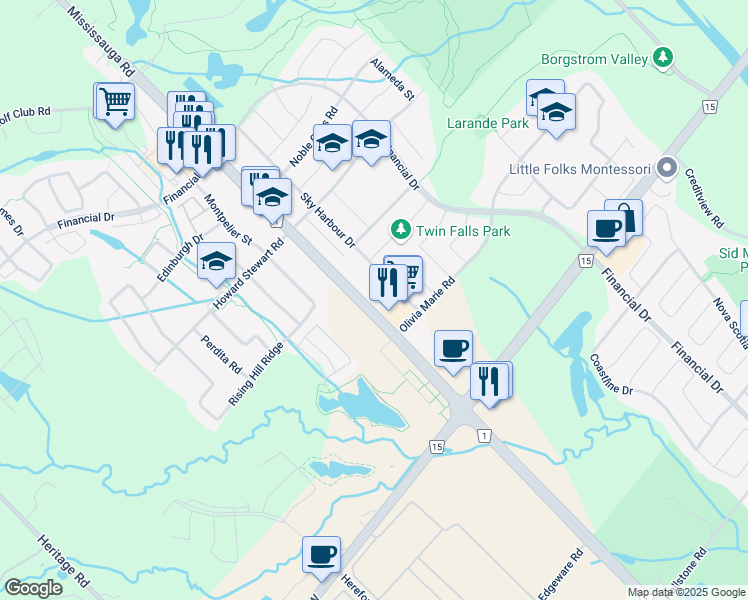 map of restaurants, bars, coffee shops, grocery stores, and more near 54 Sky Harbour Drive in Brampton