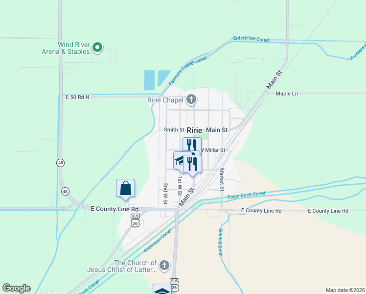 map of restaurants, bars, coffee shops, grocery stores, and more near 141 Miller Street in Ririe