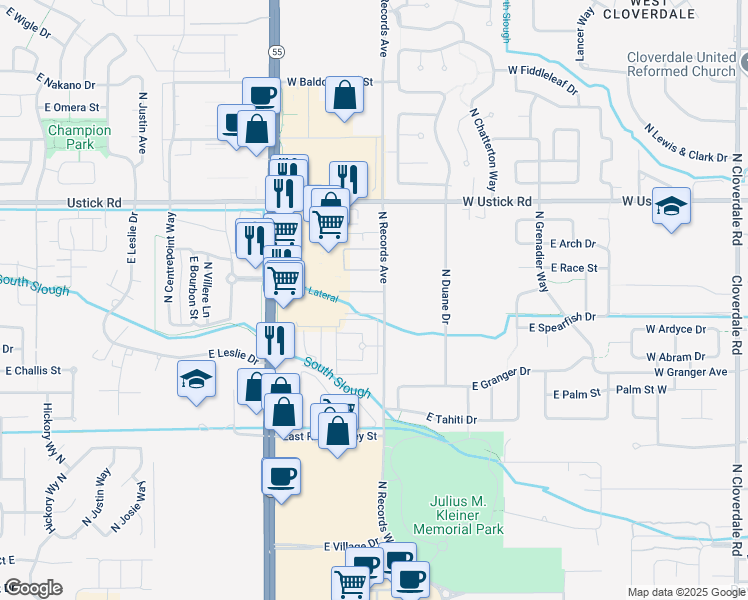 map of restaurants, bars, coffee shops, grocery stores, and more near 3495 East Modelo Lane in Meridian