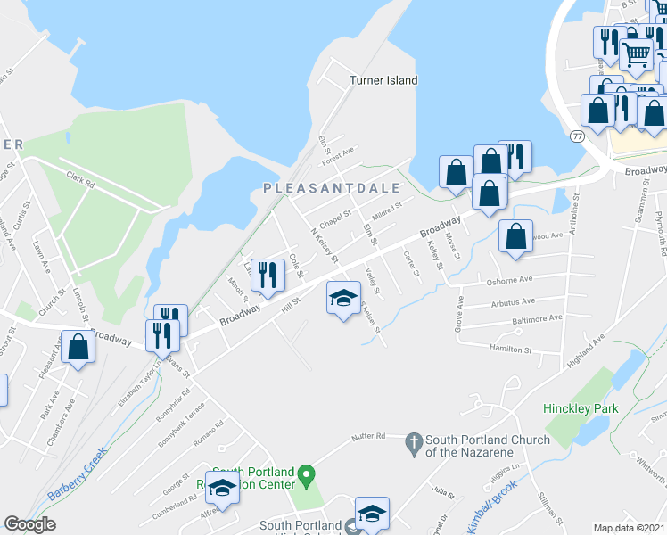 map of restaurants, bars, coffee shops, grocery stores, and more near 918 Broadway in South Portland