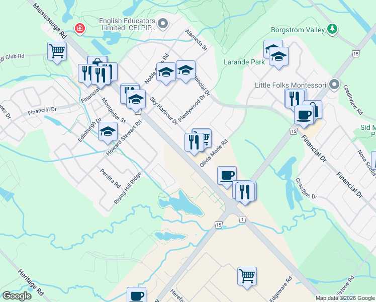 map of restaurants, bars, coffee shops, grocery stores, and more near in Brampton