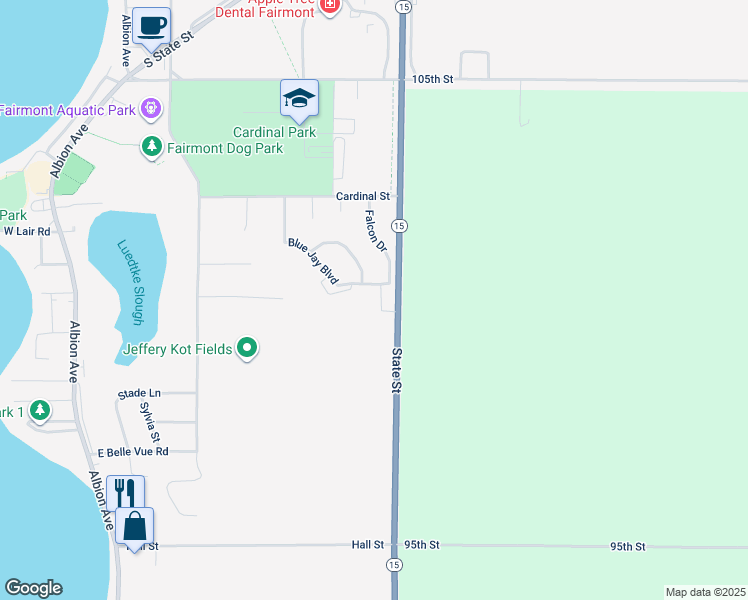 map of restaurants, bars, coffee shops, grocery stores, and more near 1001 Pheasant Avenue in Fairmont