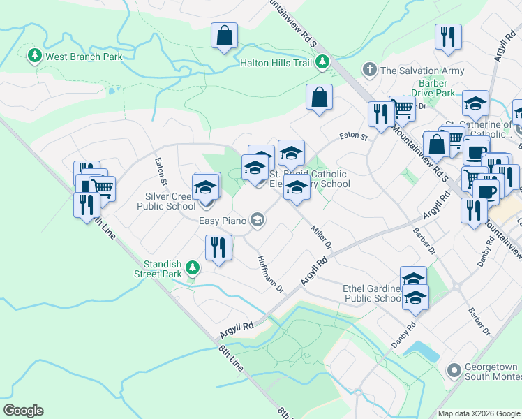 map of restaurants, bars, coffee shops, grocery stores, and more near 101 Eaton Street in Halton Hills