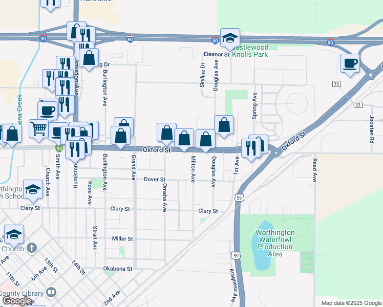 map of restaurants, bars, coffee shops, grocery stores, and more near 1730 Oxford Street in Worthington