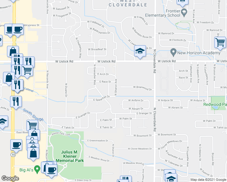 map of restaurants, bars, coffee shops, grocery stores, and more near 2853 North Sharon Avenue in Meridian