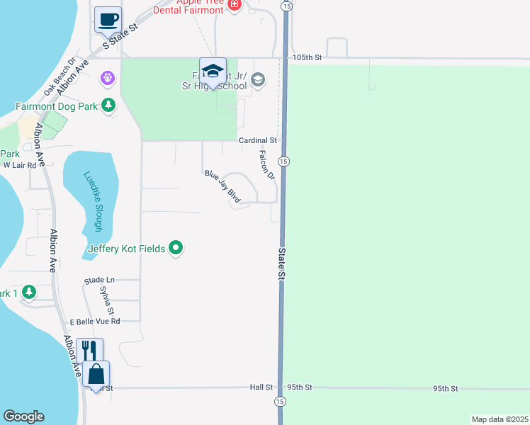 map of restaurants, bars, coffee shops, grocery stores, and more near 1001 Pheasant Avenue in Fairmont