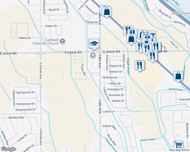 map of restaurants, bars, coffee shops, grocery stores, and more near 4408 South Lake Avenue in Caldwell