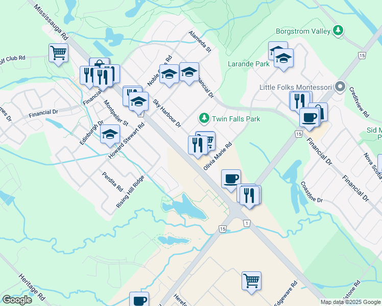 map of restaurants, bars, coffee shops, grocery stores, and more near 54 Sky Harbour Drive in Brampton