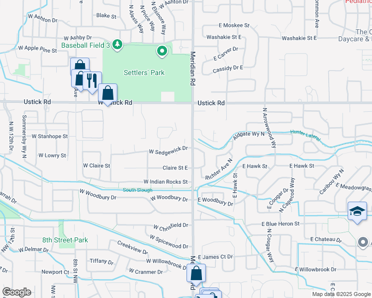 map of restaurants, bars, coffee shops, grocery stores, and more near 2895 North Meridian Road in Meridian