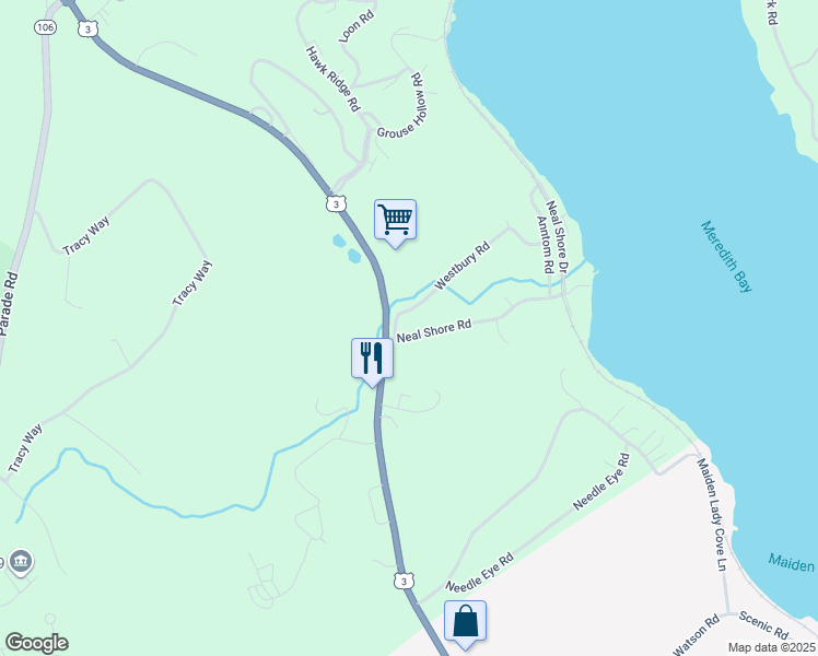 map of restaurants, bars, coffee shops, grocery stores, and more near 8 Neal Shore Road in Meredith