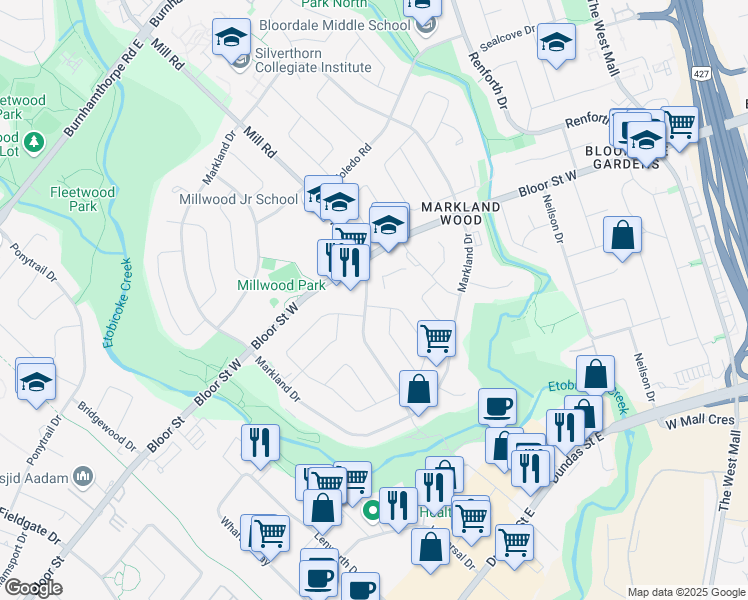 map of restaurants, bars, coffee shops, grocery stores, and more near 35 Conifer Drive in Toronto