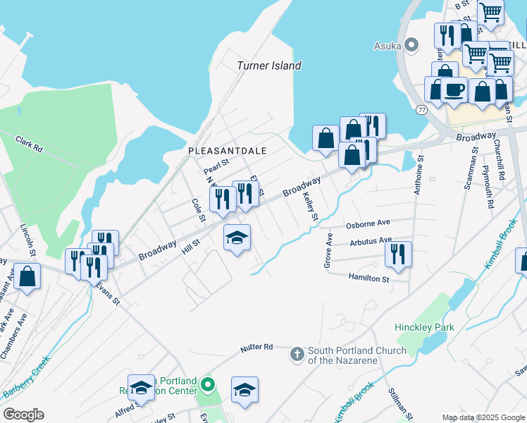 map of restaurants, bars, coffee shops, grocery stores, and more near 21 Valley Street in South Portland