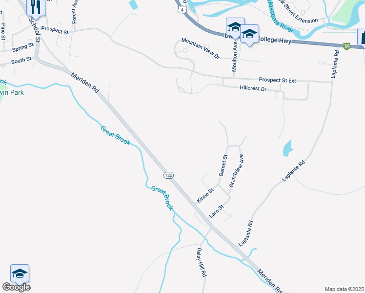 map of restaurants, bars, coffee shops, grocery stores, and more near 207 Meriden Road in Lebanon
