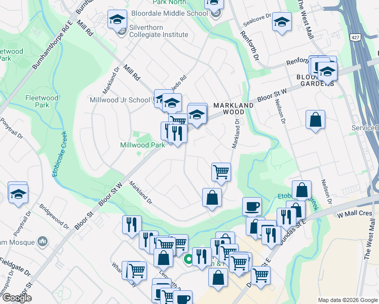 map of restaurants, bars, coffee shops, grocery stores, and more near 35 Conifer Drive in Toronto
