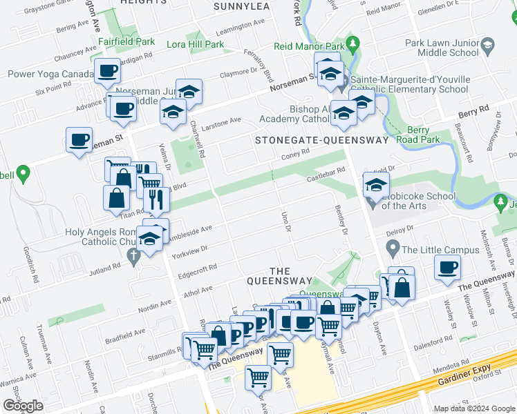 map of restaurants, bars, coffee shops, grocery stores, and more near 44 Ambleside Avenue in Toronto