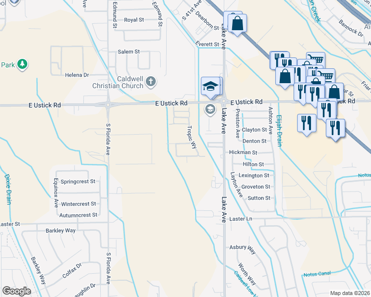 map of restaurants, bars, coffee shops, grocery stores, and more near 3304 East Ustick Road in Caldwell