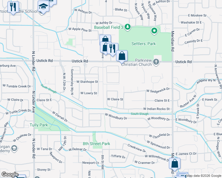 map of restaurants, bars, coffee shops, grocery stores, and more near 749 West Sedgewick Street in Meridian