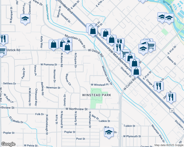 map of restaurants, bars, coffee shops, grocery stores, and more near 2887 Leisure Drive in Boise