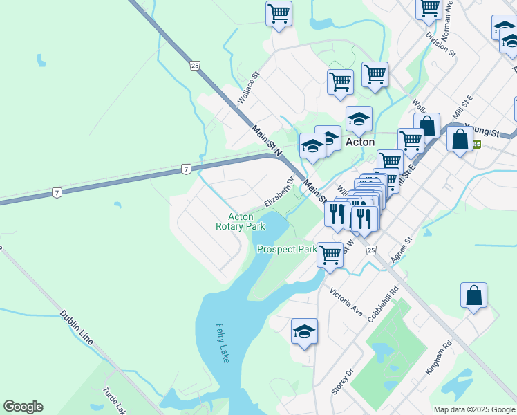 map of restaurants, bars, coffee shops, grocery stores, and more near Elizabeth Drive in Acton