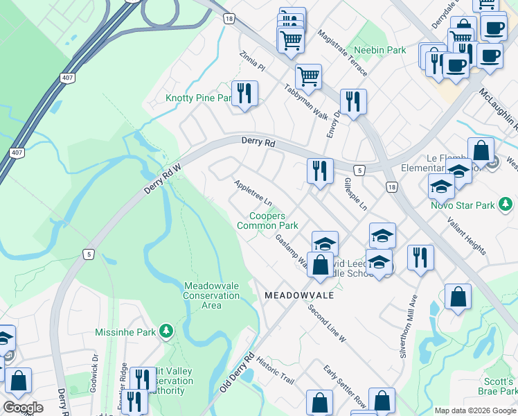 map of restaurants, bars, coffee shops, grocery stores, and more near 7133 White Pine Court in Mississauga