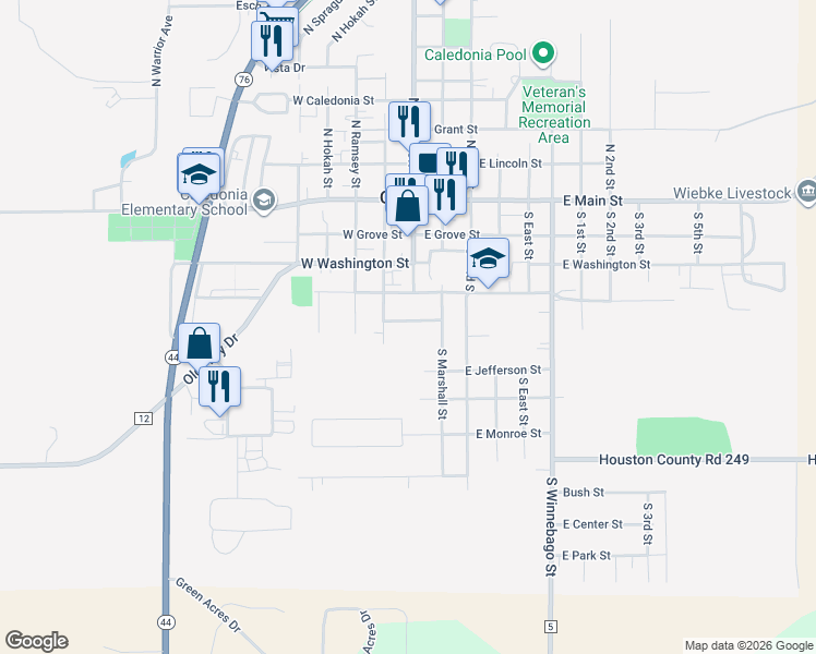 map of restaurants, bars, coffee shops, grocery stores, and more near 103 West Jackson Street in Caledonia