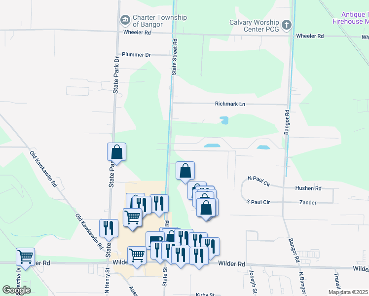 map of restaurants, bars, coffee shops, grocery stores, and more near 115 Country Meadows Lane in Bay City